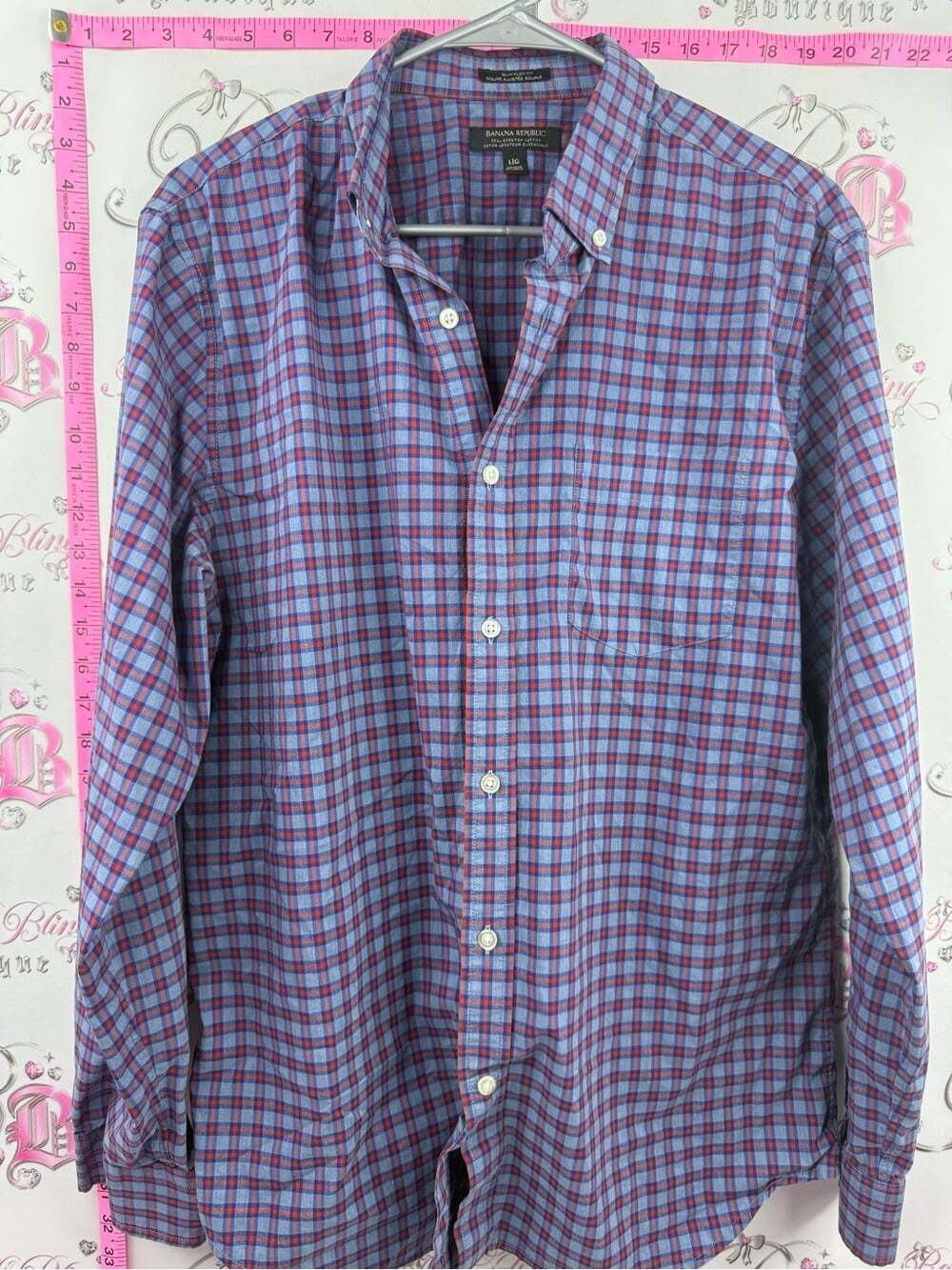 Banana Republic Men's Blue and Red Check Button-Down Shirt